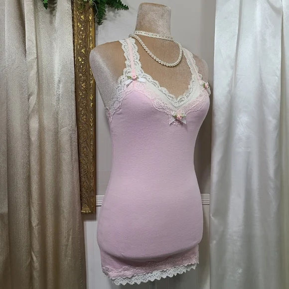 ♡ Y2K ♡ Hollister Baby Pink Lace Cami Satin Rose Bows Tank Top - Picture 4 of 10